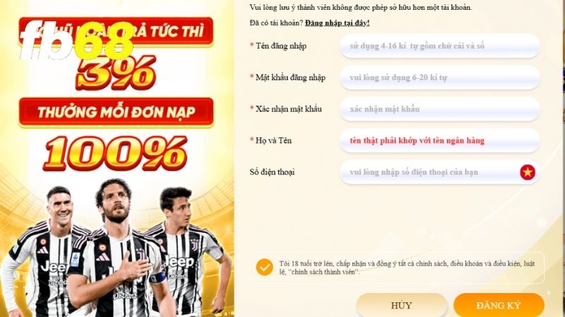 Chỉ cần hoàn thành đơn register như hình là bạn được tận hưởng thế giới giải trí của FB68