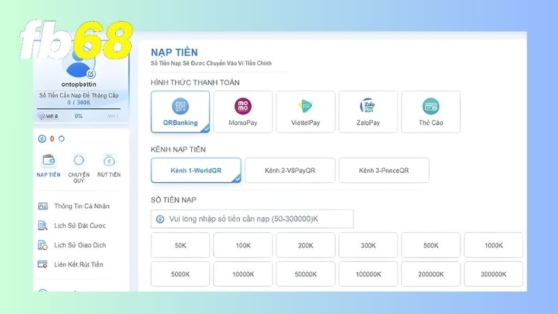 Hiện FB68 đang hỗ trợ người chơi bổ sung vốn cược qua ngân hàng, ví điện tử và thẻ cào